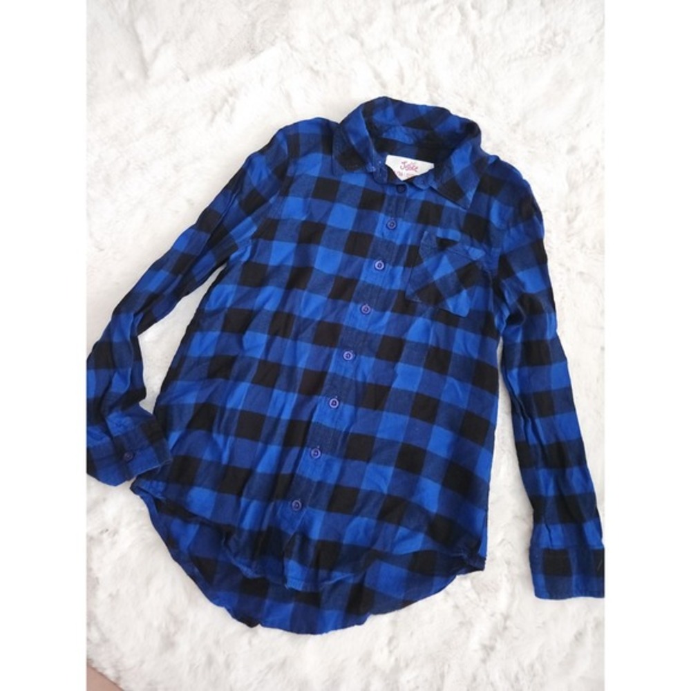 Justice Girls Blue & Black Buffalo Plaid Flannel Button Down‎ Shirt Size 14/16